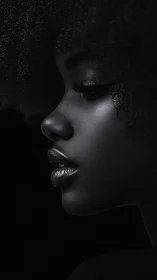 Photorealistic side-profile portrait with sculptural chiaroscuro lighting.