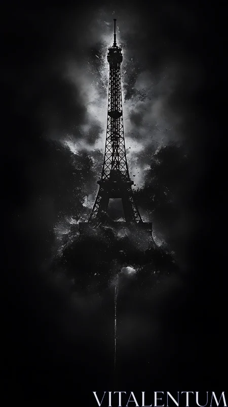 Monochrome Eiffel Tower silhouette in stormy illuminated haze