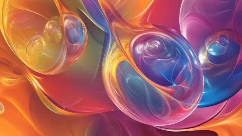 Iridescent fractal orbs swirl through molten color fields.