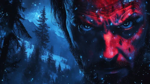 Intense red lit face dominates icy blue forest night scene