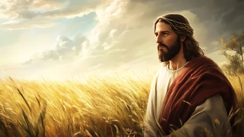 Figure in robe standing in sunlit wheat field under clouds.