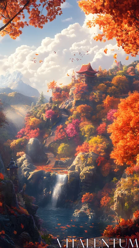 Crimson Temple Above the Falls, Where Autumn Breathes Loudly.