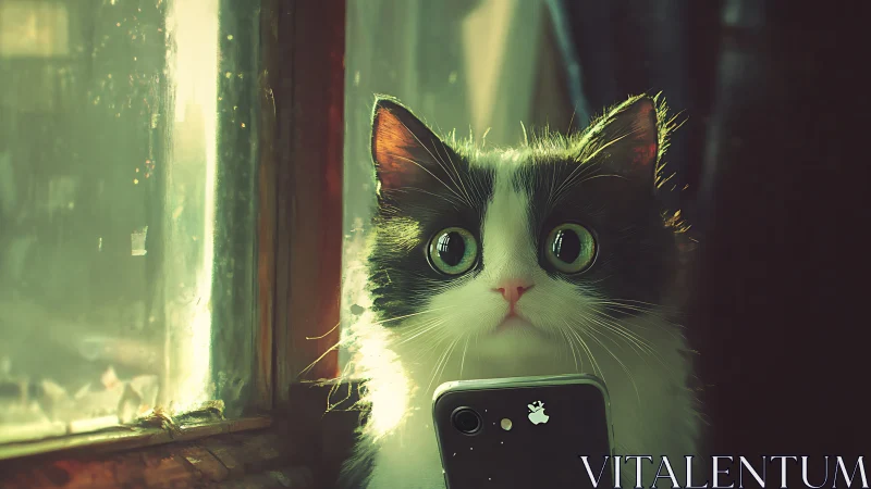 Cat with Smartphone in Atmospheric Doorway Light