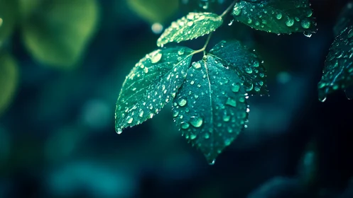 Rain-kissed green leaves in close-up macro focus.