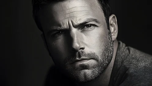 Intense monochrome close-up of a bearded male face.