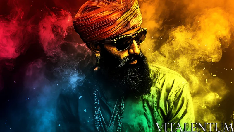 Bearded man in turban stands in multicolor smoke effects