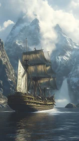 Tall ship under sail in cold fjord with misty peaks.