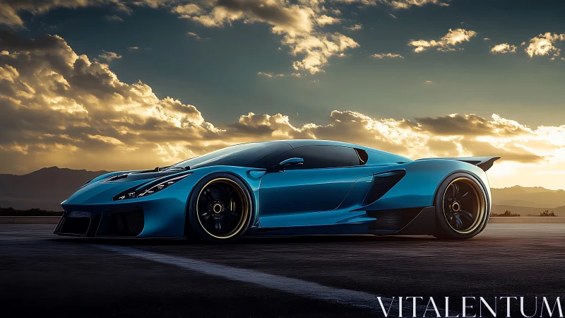 Aerodynamic teal hypercar rendered in cinematic sunset light.