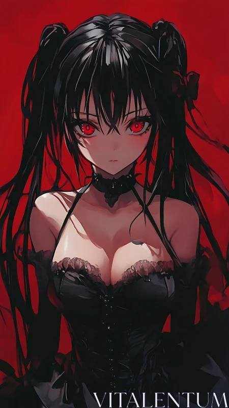 Red-eyed gothic anime character in black corset dress portrait.