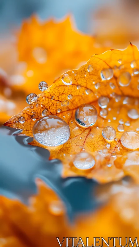 Golden autumn leaf holds sparkling raindrops in macro view.
