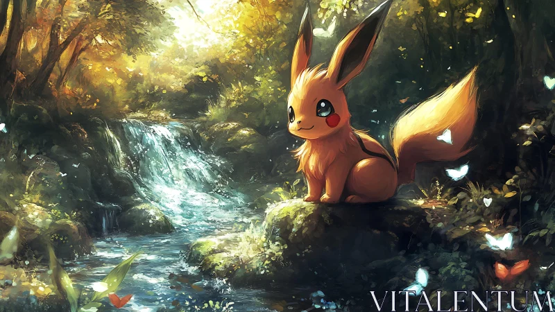 Digital painting of foxlike creature by luminous forest stream.