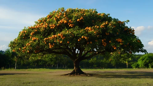Low-angle panoramic study of a mature, heavily fruiting citrus tree