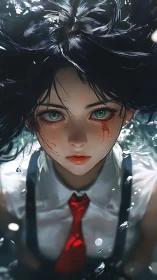 Injured anime girl underwater with intense green eyes.
