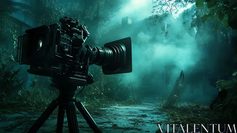 Cinematic digital cinema camera on tripod in foggy ruin forest