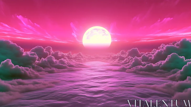 Cotton candy clouds bow to a neon lunar oceanrise.