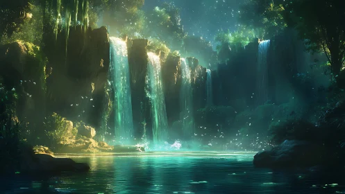 Moonlit waterfalls whisper over a turquoise enchanted pool