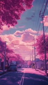 Chromatically shifted suburban street under magenta sakura canopy.