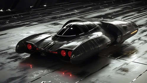 Futuristic black hover vehicle on reflective metallic surface.