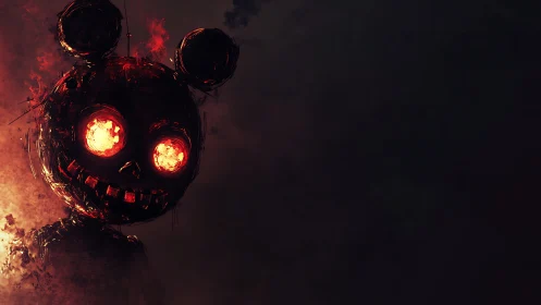 Fiery demonic mouse skull with glowing eyes in darkness.
