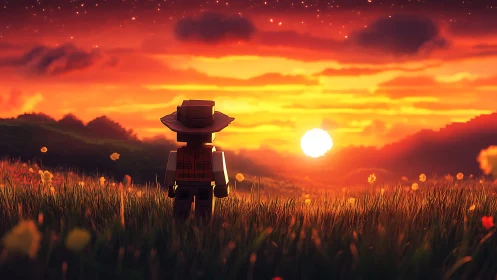 Lego cowboy figure stands in tall grass facing vivid sunset