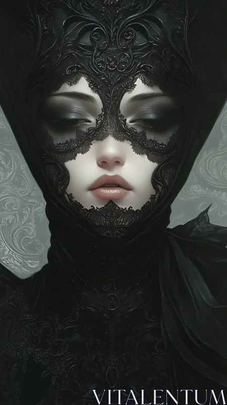 Masked woman in ornate black gothic costume portrait.