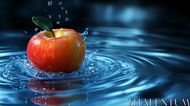 Red apple impacts rippling blue water in high-speed macro