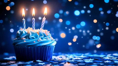 Birthday Cupcake with Three Lit Candles Against Bokeh Lights