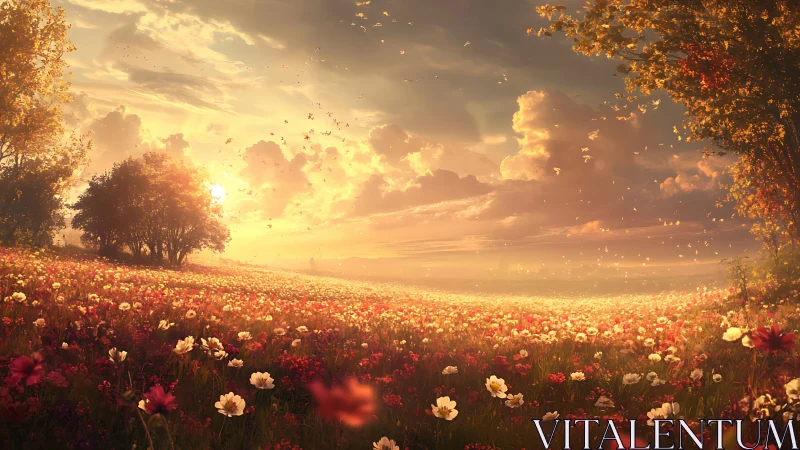 Golden evening light gently embraces a blooming meadow