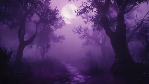 Moonlit Forest Path with Fog and Silhouetted Trees