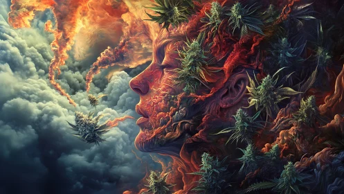 Flaming dreamer dissolves into smoke, stormclouds and leaves.