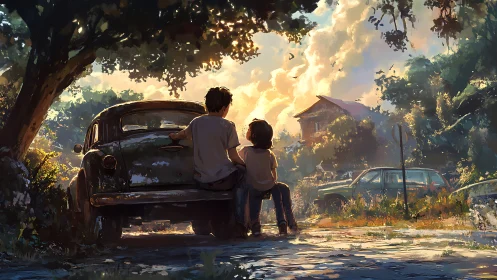 Sunset memory unfolds as two kids rest by an old car