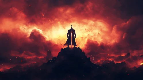 Lone armored warrior crowned by blazing apocalyptic sky.
