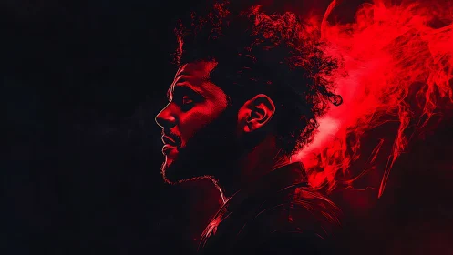 Side profile portrait in red digital smoke effect.