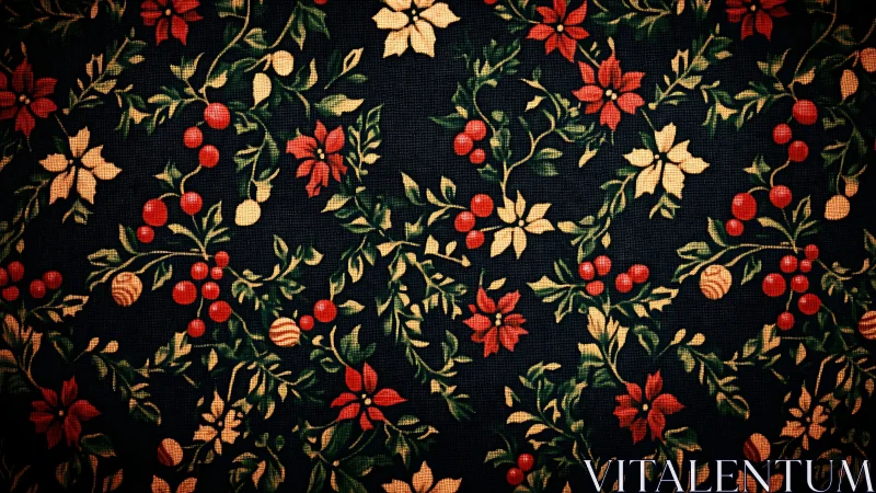 Festive poinsettia and holly pattern glows on dark fabric.