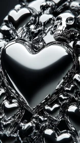 Gleaming chrome hearts flow around bold skull shapes in contrast