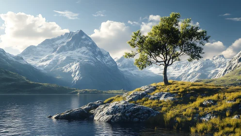 Solitary lakeside tree quietly outshines the towering peaks