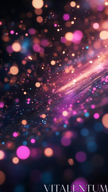 Neon bokeh stream over dark abstract space field.