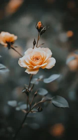 Orange Rose with Buds in Soft Focus Garden Setting.