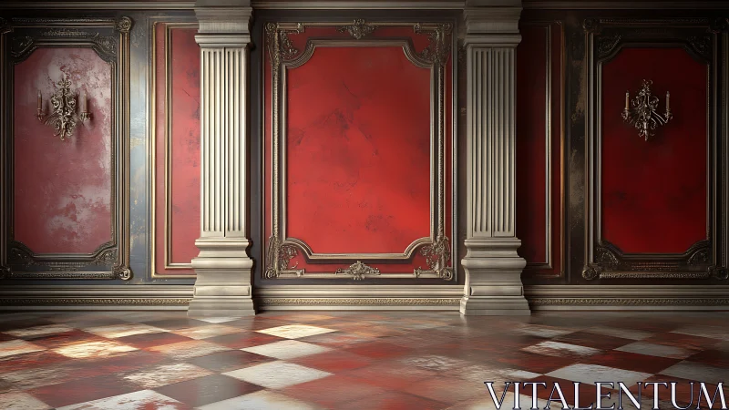 Crimson ballroom panels cradle columns in hushed grandeur