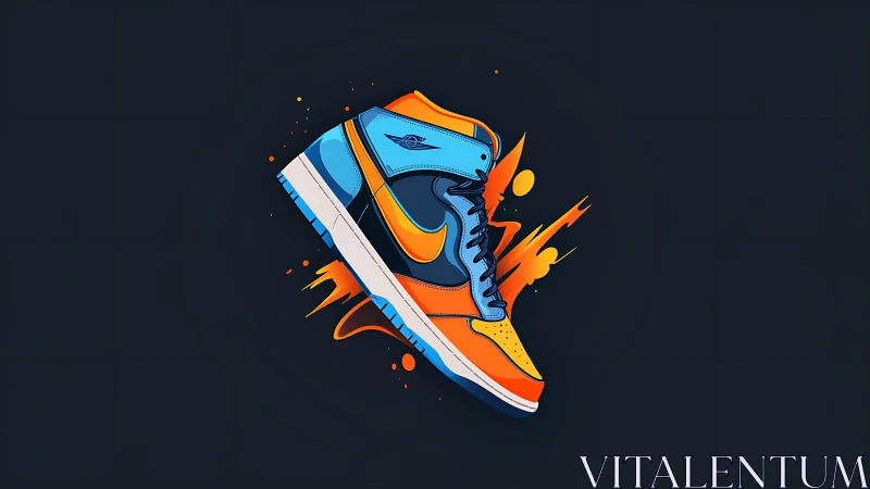 Bold blue and orange sneaker illustration on dark backdrop.