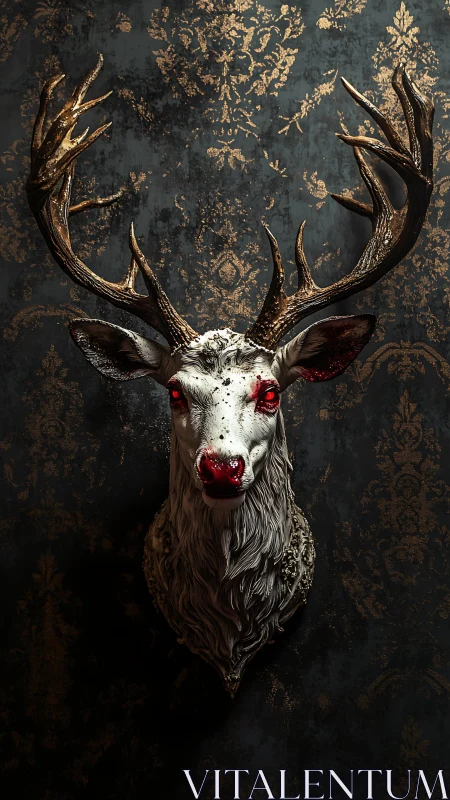Stag head sculpture with red eyes on patterned dark wall.