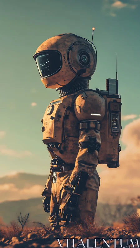 Retro explorer robot gazes across a sunlit desert world.