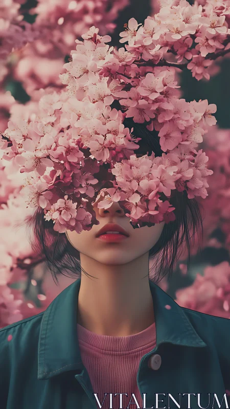 Portrait of youth partially obscured by pink blossoms.