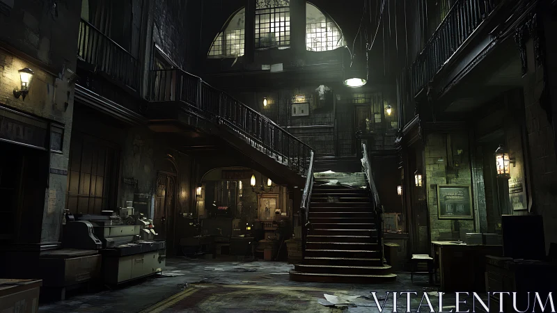 Industrial Gothic Architectural Interior with Deteriorated Geometric Staircase Structure