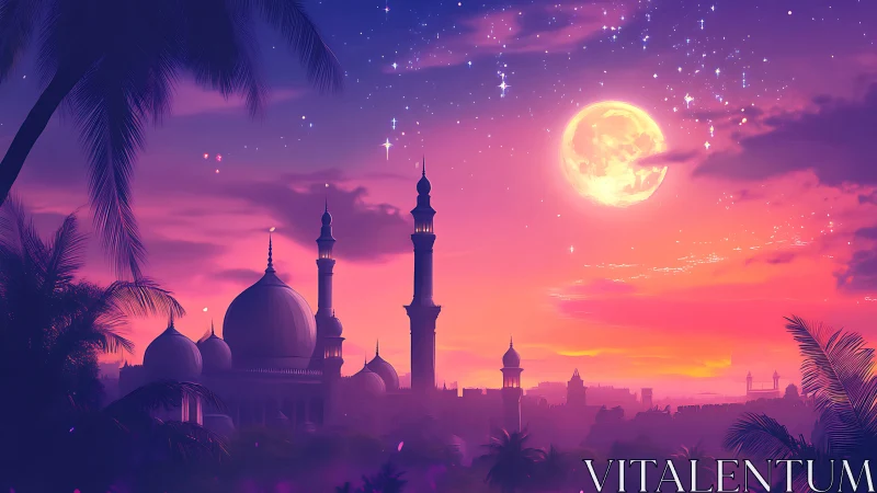 Dome mosque skyline under saturated twilight gradient and luminous moon