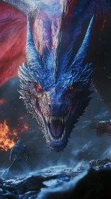 Large blue dragon confronting lone figure on burning field.