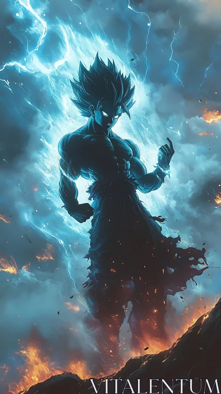 Storm-charged warrior rising through firelit thunder skies.