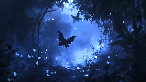 Bioluminescent butterflies traverse a fog-dense nocturnal forest corridor