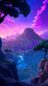 Vibrant fantasy valley with glowing waterfall at dusk.