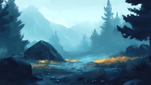 Soft morning light gently brightens a misty forest path